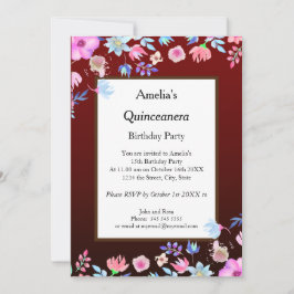 Invitación Flores de fiesta de cumpleaños Quinceanera Burgund