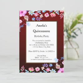 Invitación Flores de fiesta de cumpleaños Quinceanera Burgund