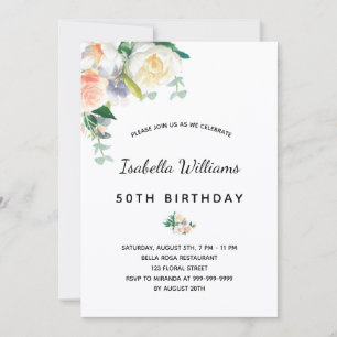 Invitación Flores de fiesta de cumpleaños rosa blanca dorado