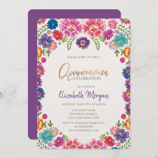 Invitación Flores de Fiesta Mexicana Quinceañera (Anverso / Reverso)