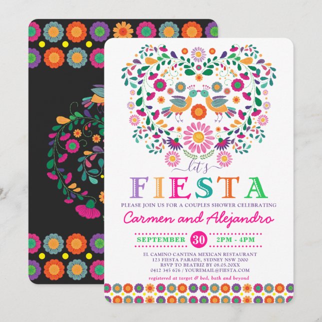 Invitación Flores de Fiesta Mexicanas Parejas Ducha Compromis (Anverso / Reverso)