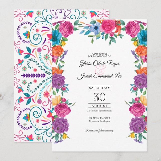 Invitación Flores de Fiesta y Boda estilo bordado mexicano (Anverso / Reverso)