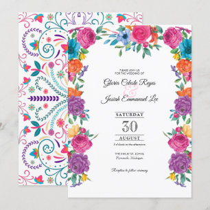 Invitación Flores de Fiesta y Boda estilo bordado mexicano