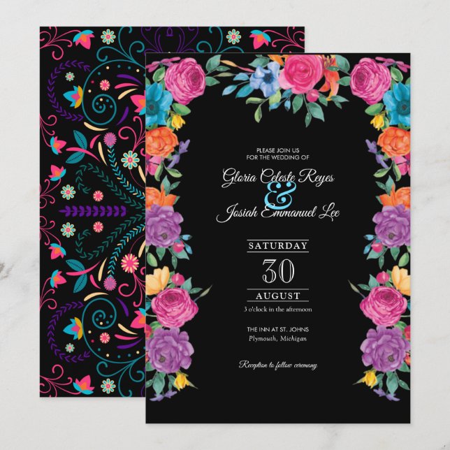 Invitación Flores de Fiesta y Boda estilo bordado mexicano (Anverso / Reverso)