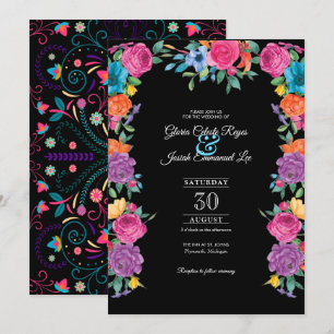 Invitación Flores de Fiesta y Boda estilo bordado mexicano