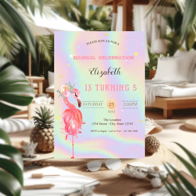 Invitación Flores de Flamingos Rosas, Cumpleaños Holográfico (Subido por el creador)