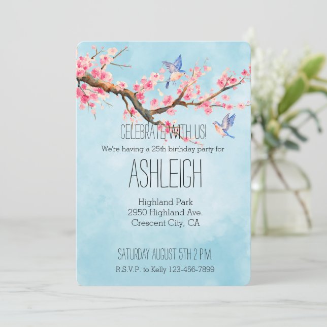 Invitación Flores de flores de cerezo pájaros   (Anverso de pie)