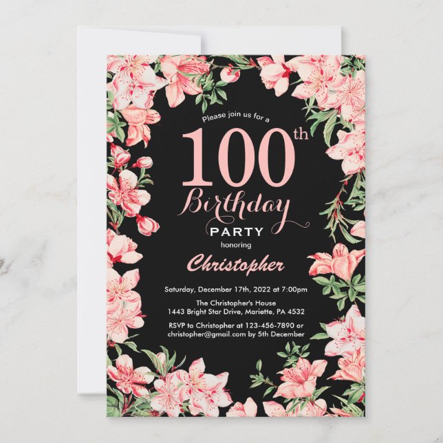 Invitación Flores de flores rosadas de cumpleaños número 100  (Anverso)