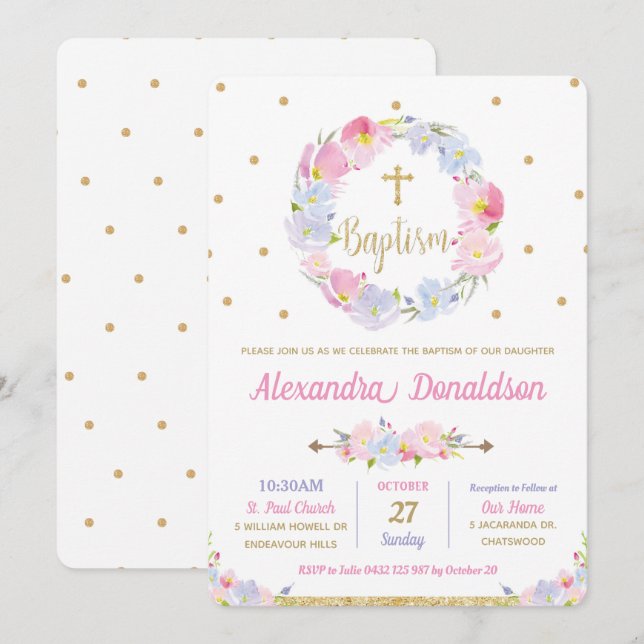 Invitación Flores de flores rosadas modernas bautizo cristian (Anverso / Reverso)