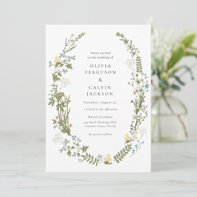 Invitación Flores de flores silvestres amarillas y azules Bod (Anverso de pie)