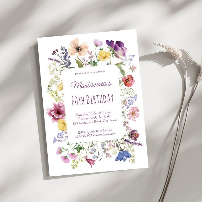 Invitación Flores de flores silvestres fiesta de cumpleaños p (Wildflower boho flowers purple plum summer birthday party invitation template instant download)
