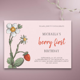 Invitación Flores de fresa rosa Berry Primer cumpleaños