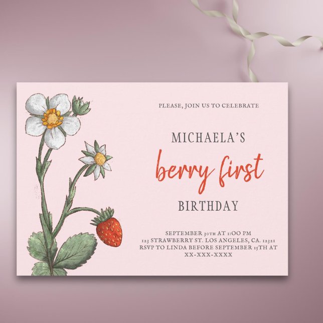 Invitación Flores de fresa rosa Berry Primer cumpleaños (Subido por el creador)
