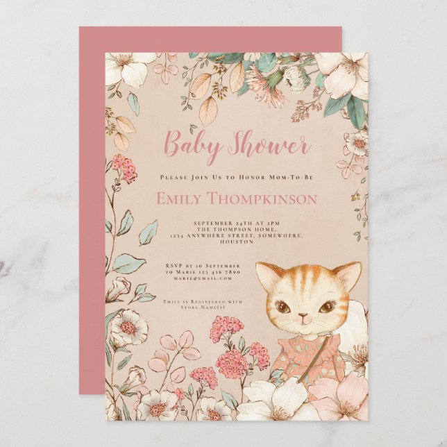 Invitación Flores de gato malhumorado de época dejan Baby Sho (Anverso / Reverso)