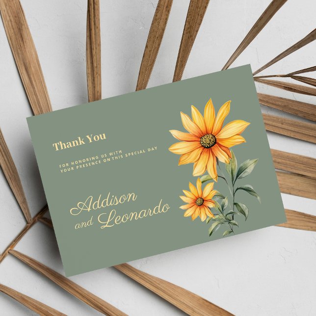 Invitación Flores de girasol amarillo verde suave Gracias (Mint green yellow sunflower flowers Thank You)