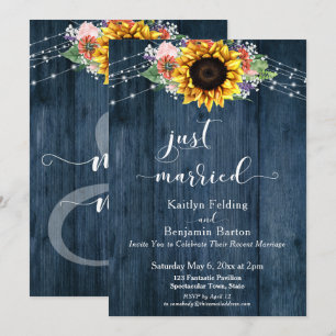 Invitación Flores de girasol de madera rusa azul recién casad