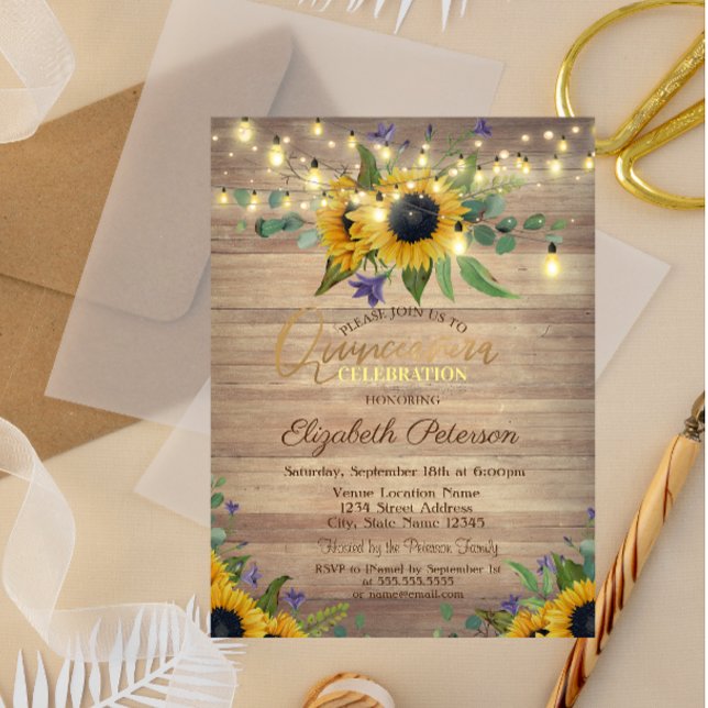 Invitación Flores de girasol, luces de cuerdas, Quinceañera d (Subido por el creador)