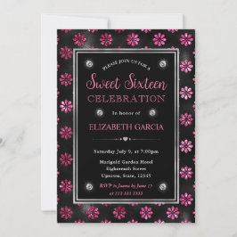 Invitación Flores de glamour con brillo rosa y negro Cumple d