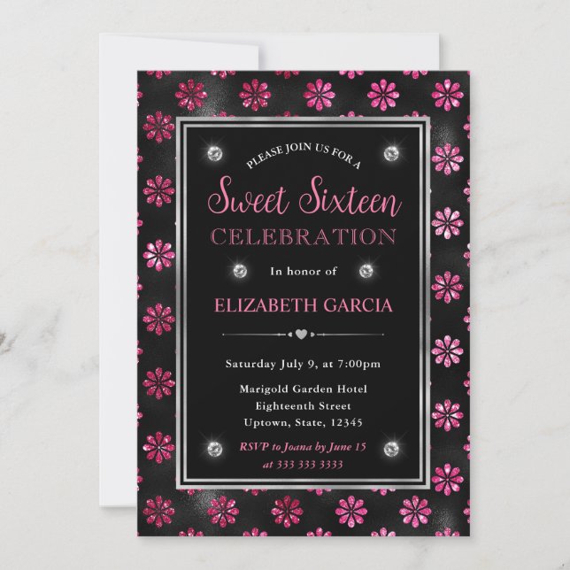 Invitación Flores de glamour con brillo rosa y negro Cumple d (Anverso)