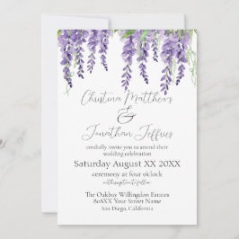 Invitación Flores de glicinia morada en blanco elegante