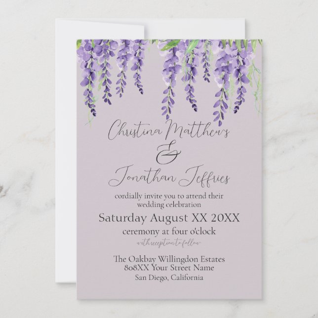 Invitación Flores de glicinia morada en elegante lavanda (Anverso)