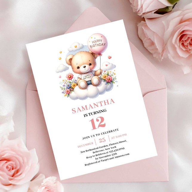 Invitación Flores de globo de osito de peluche dulce cumpleañ (Sweet teddy bear balloon flowers girl birthday invitation

)