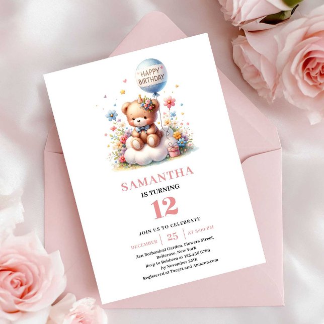 Invitación Flores de globo de osito de peluche lindo cumpleañ (Pretty teddy bear balloon flowers girl birthday invitation

)