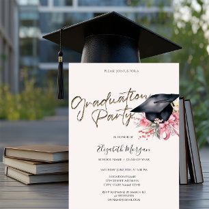 Invitación Flores de gorra de graduación negras Lazo Tu foto 
