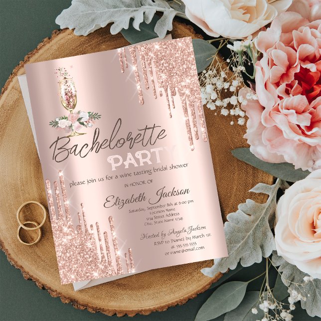 Invitación Flores de goteo de oro rosa, Fiesta de soltera de  (Subido por el creador)