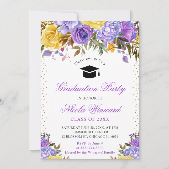 Invitación Flores de graduación de acuarela púrpura y amarill (Anverso)