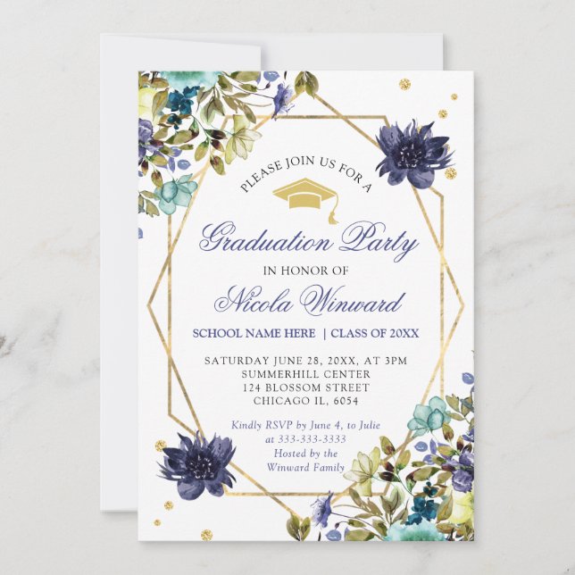 Invitación Flores de graduación de verano azules y navy (Anverso)