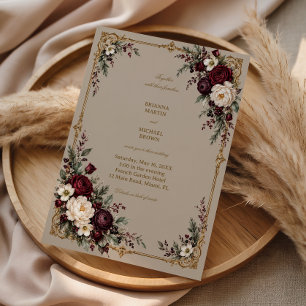 Invitación Flores de granate enriquecen filigrana dorada