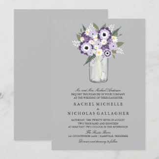 Invitación Flores de gris morado Mason Jar | BODA