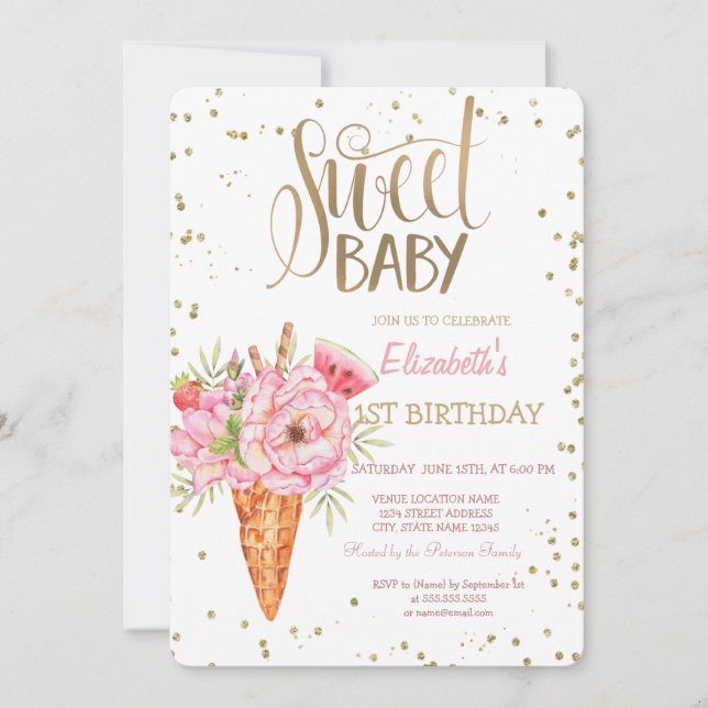 Invitación  Flores de helado Frutas Diamantes Cumpleaños   (Anverso)