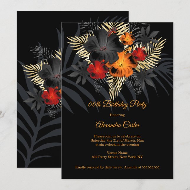 Invitación Flores de Hibisco Naranja Rojo Negro Cumpleaños (Anverso / Reverso)