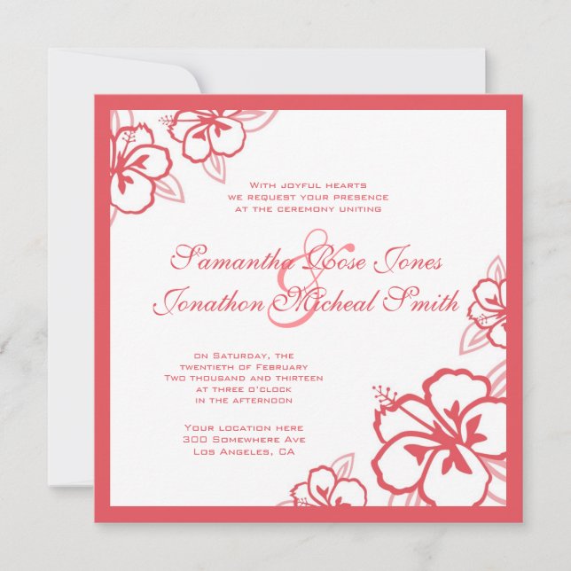 Invitación Flores de Hibiscus Blancas y Persimmon matrimonio  (Anverso)