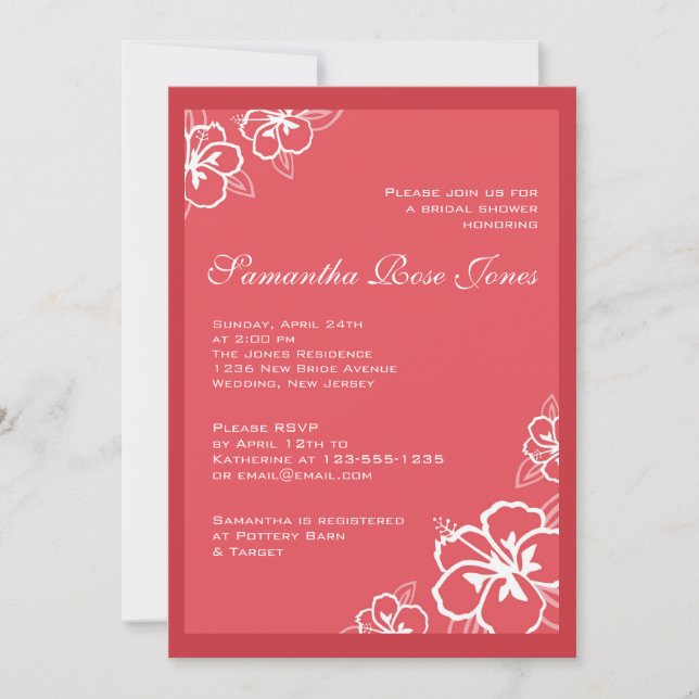 Invitación Flores de Hibiscus blancas y persimones, ducha de  (Anverso)
