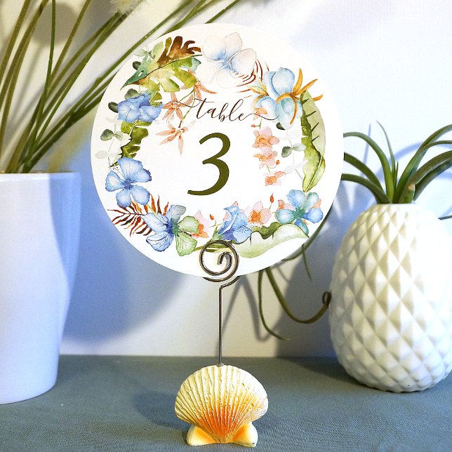 Invitación Flores de Hibiscus Tropical Azul (tropical blue table number round floral hibiscus flowers blue green coastal hawaiian flowers floral )