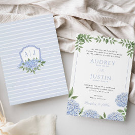 Invitación Flores de hidrangea azul, Boda Escudo personalizad