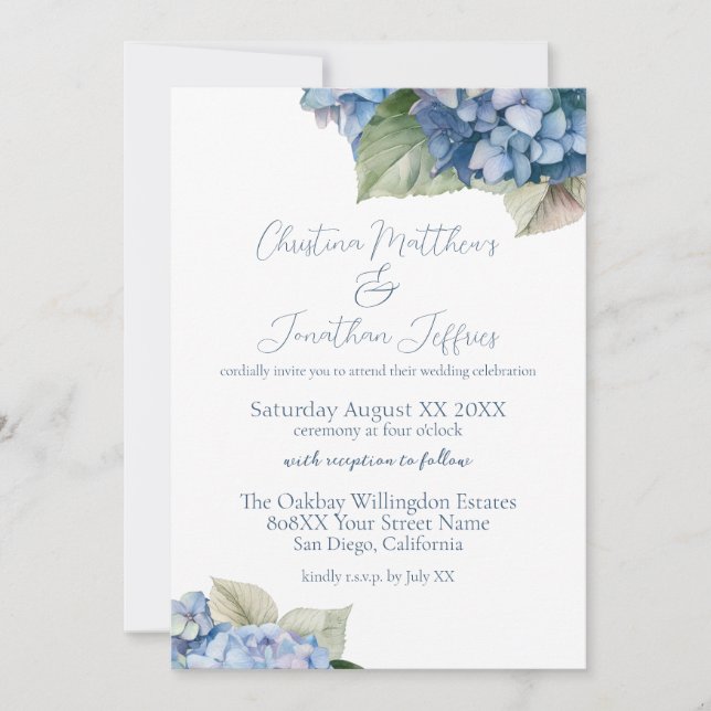 Invitación Flores de hidrangea azul romántica (Anverso)