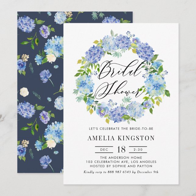Invitación Flores de hidrangea azul Wreath Bridal Shower (Anverso / Reverso)