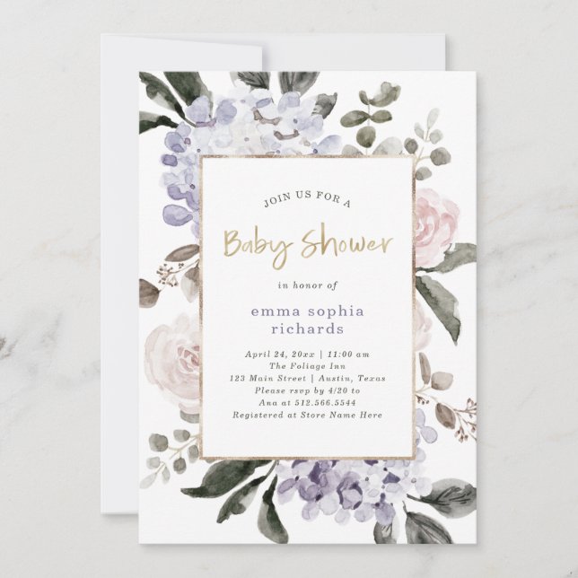 Invitación Flores de hidrangea de Bonito y oro| Baby Shower (Anverso)