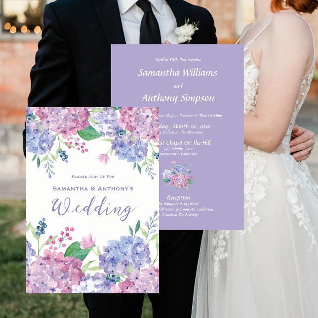 Invitación Flores de hidrangea, morado suave, azul, Boda (Subido por el creador)