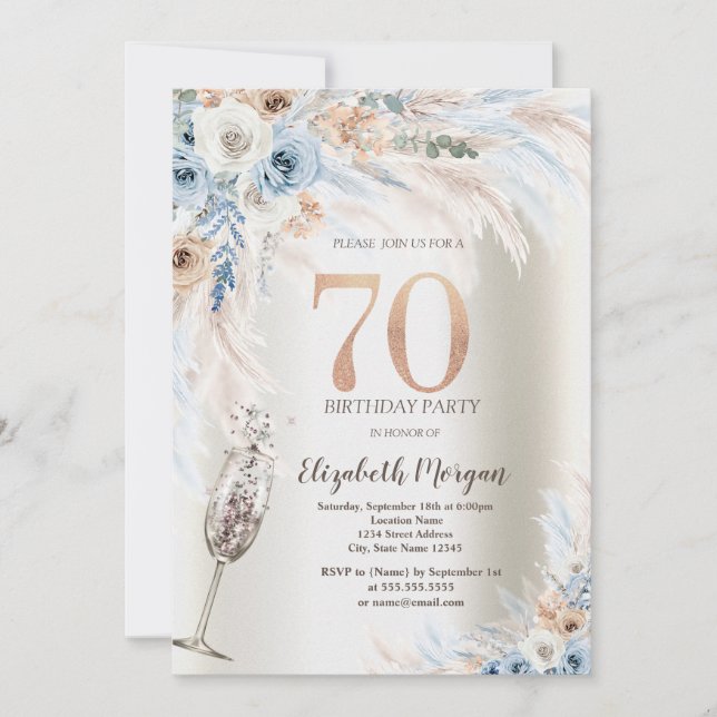 Invitación Flores de hierba de Pampas Champagne Glass 70 cump (Anverso)
