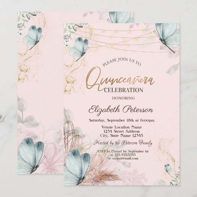 Invitación Flores de hierba de Pampas Mariposas Azules Quince (Anverso / Reverso)