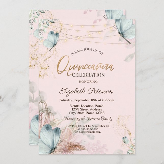 Invitación Flores de hierba Pampas Mariposas azules Quinceañe (Anverso / Reverso)