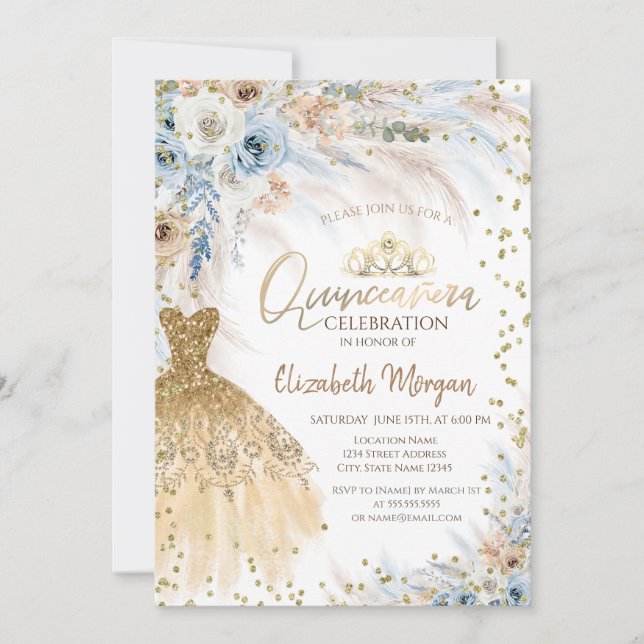 Invitación Flores de hierba Pampas Vestidos Diamantes Quincea (Anverso)