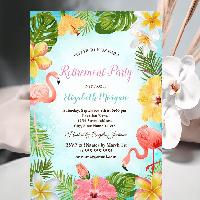 Invitación Flores de hoja de palma flamencos fiesta de jubila (Subido por el creador)