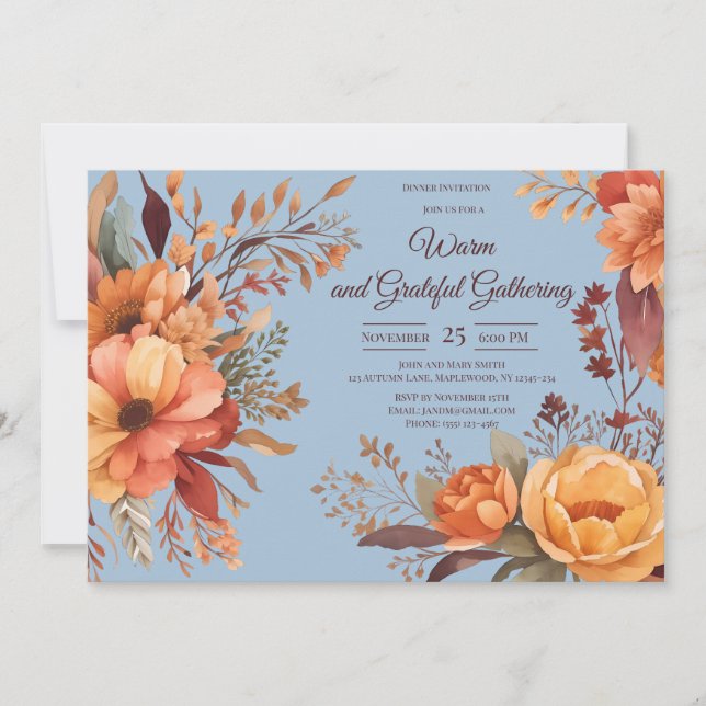 Invitación Flores de hojas de otoño Día de Acción de Gracias  (Anverso)