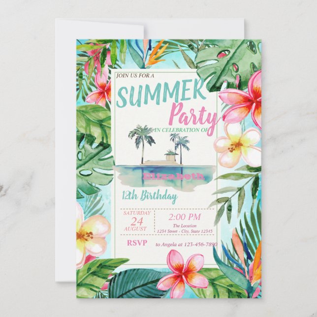 Invitación Flores de hojas de palma, Fiesta de cumpleaños en  (Anverso)
